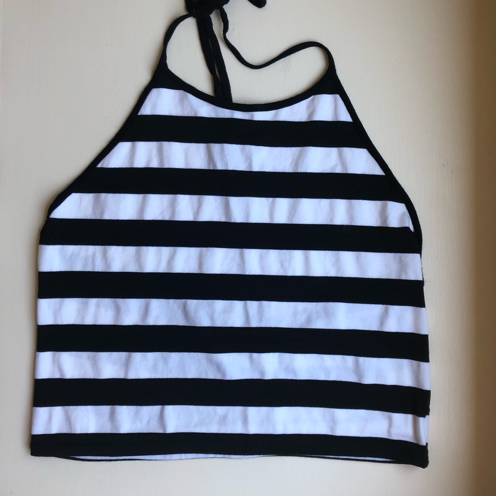 LF Black & White Striped Crop Top Halter